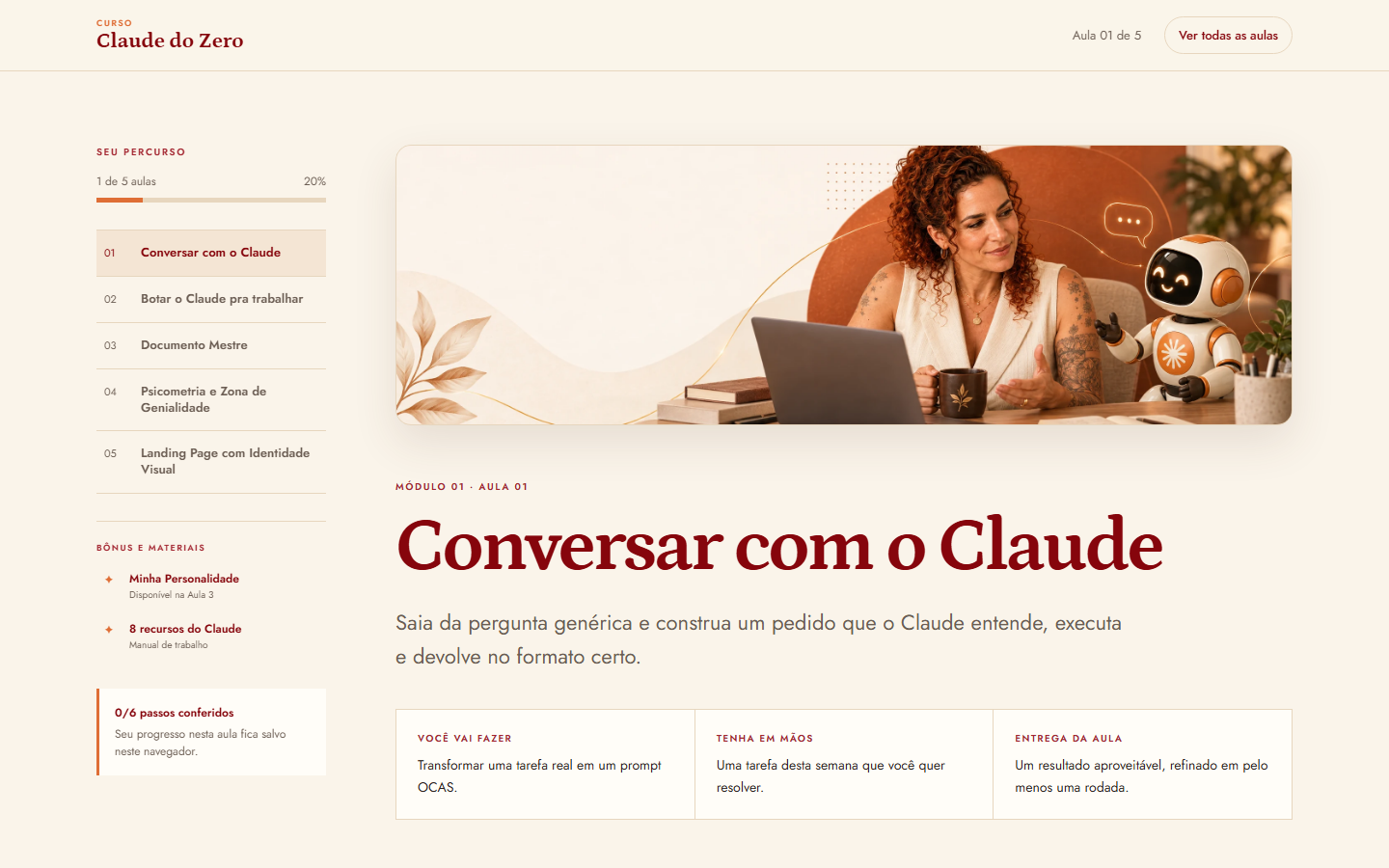 Área do aluno do Claude do Zero com menu lateral e Aula 1