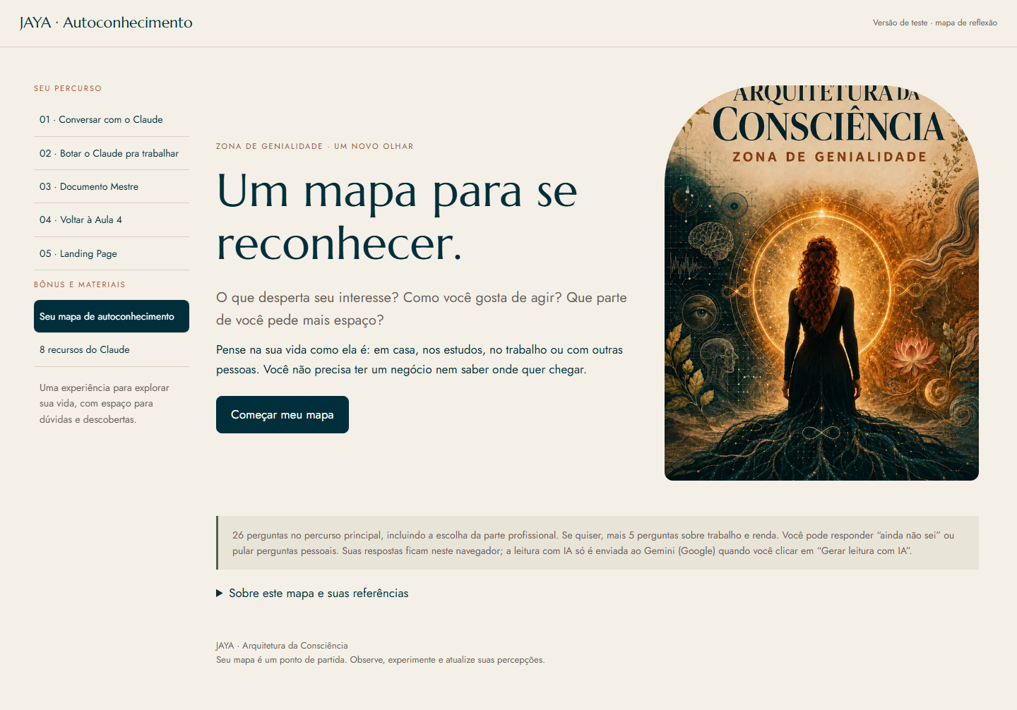 Mapa de Autoconhecimento com menu lateral e Zona de Genialidade